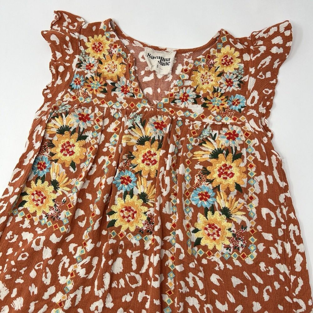 Savanna Jane Say The Word Orange Cheetah Print Embroidery Top Women's Size Small